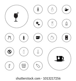 Editable vector beverage icons: dish, energy drink, cup with heart, tea, cleanser, clean wine glass, wine glass, drink, bottle, no drink, vending machine on white background.
