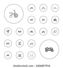 Editable vector bike icons: child bicycle, gloves, delivery bike, family bicycle, bicycle, wheel, exercise bike, helmet on white background.