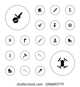 Editable vector blade icons: cutter, chainsaw, scissors, knife, ice skating, scythe, axle with propeller, axe weapon, saw, axe, circular saw, electric saw on white background.