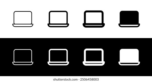 Vector editable en blanco icono de la pantalla del ordenador portátil. Negro, estilo de línea, fondo blanco transparente. Parte de una gran familia de iconos. Perfecto para interfaces de Web y App, presentaciones, infografías, etc