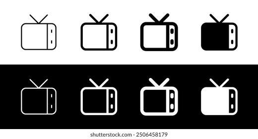 Icono de pantalla vintage de programa de televisión en blanco de Vector editable. Negro, estilo de línea, fondo blanco transparente. Parte de una gran familia de iconos. Perfecto para interfaces de Web y App, presentaciones, infografías, etc