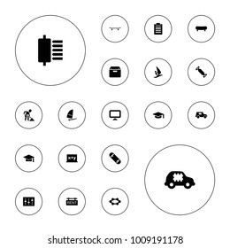 Editable vector board icons: graduation cap, graduation hat, blackboard x+y, skate, check list, cpu in car, cpu, sliders, spu, rent tag, skateboard on white background.