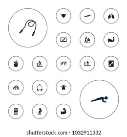 Editable vector body icons: cream, treadmill, slim, father with not in shopping cart, skipping rope, horizontal bar, fitness carpet, muscle, bladder on white background.