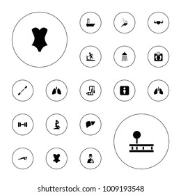 Editable Vector Body Icons: Shower, Corset, Gym Equipment, Heart With Muscles, Liver, Man With Broken Arm, Treadmill, Barbell, Cotton Buds, Male Wc On White Background.