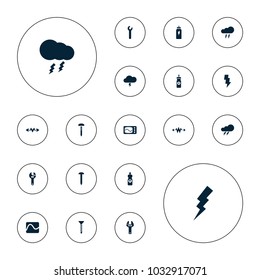 Editable vector bolt icons: thunder, flash, nail, screw, wrench, energy drink, electricity, thunderstorm on white background.