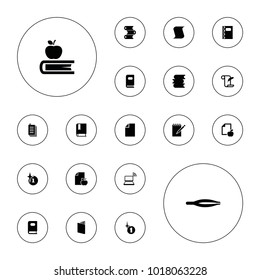 Editable vector book icons: book, tweezers, explosion, feather and paper, paper and apple, paper, notebook, photo album, apple on book on white background.