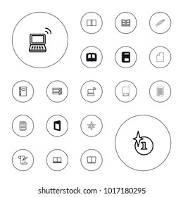 Editable vector book icons: wooden wall, explosion, feather and paper, book, laptop, notebook, photo album, tweezers, paper on white background.