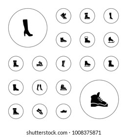 Editable vector boot icons: boot, woman boot, woman boots, skate rollers, soccer trainers, ice skate on white background.