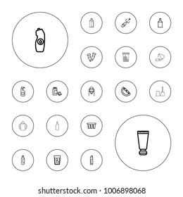 Editable vector bottle icons: tank, baby toy, cream tube, bottle, cleanser, spray paint, drink, medicine, pipette, champagne, filter, nail polish on white background.