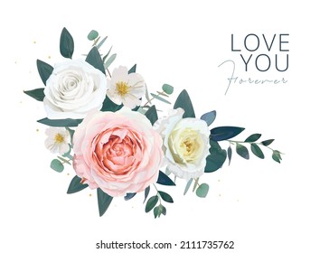 Editable vector bouquet. Valentine love you card design. Watercolor floral illustration of delicate blush pink, ivory yellow garden roses, camellia flowers, emerald eucalyptus leaves. Elegant greeting