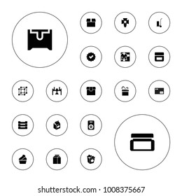 Editable vector box icons: cream, cart cargo, box, take away food, tick, present, gift, chest, parcel, cube, speaker on white background.