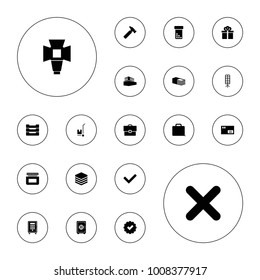 Editable vector box icons: hummer, parcel, tick, bottle pills, bandage, archive, case, documents box, cross, gift, cream, safe, cargo on cart on white background.