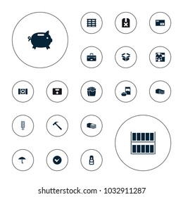 Editable vector box icons: money box, parcel, bandage, cargo box, keep dry cargo, office supply, gift, hummer, tick, case with heart, cereal, french fries on white background.