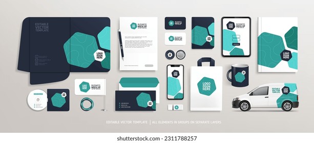 Editable vector Brand Identity concept of stationery Mock-Up set with abstract graphics design. Branding stationery mockup template of File folder, annual report, promotional van car, brochure