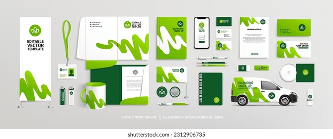 Editable vector Brand Identity concept of stationery Mock-Up set with green and white abstract graphics design. Branding stationery mockup template of File folder, annual report, van car, AD banner
