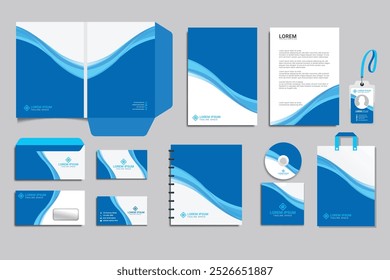 Editable vector Brand Identity concept of stationery Mock-Up set with blue abstract graphics (set 1). Corporate style on stationery mockup template of File folder, annual report, van car, AD banner