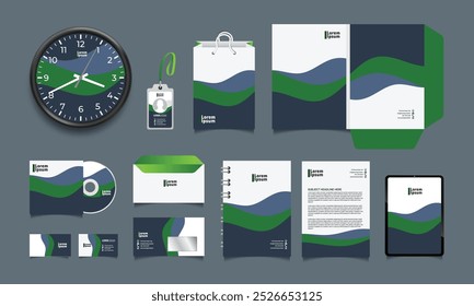 Editable vector Brand Identity concept of stationery Mock-Up set with blue abstract graphics (set 1). Corporate style on stationery mockup template of File folder, annual report, van car, AD banner