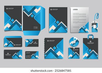 Editable vector Brand Identity concept of stationery Mock-Up set with Blue and Black abstract graphics design. Branding stationery mockup template of File folder, annual report, van car, AD banner