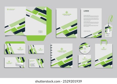 Editable vector Brand Identity concept of stationery Mock-Up set with green and white abstract graphics design. Branding stationery mockup template of File folder, annual report, AD banner