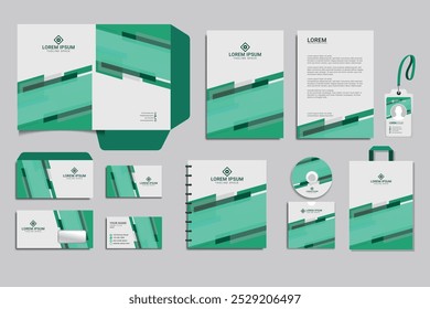 Editable vector Brand Identity concept of stationery Mock-Up set with green and white abstract graphics design. Branding stationery mockup template of File folder, annual report, AD banner