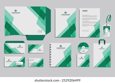 Editable vector Brand Identity concept of stationery Mock-Up set with green and white abstract graphics design. Branding stationery mockup template of File folder, annual report, AD banner