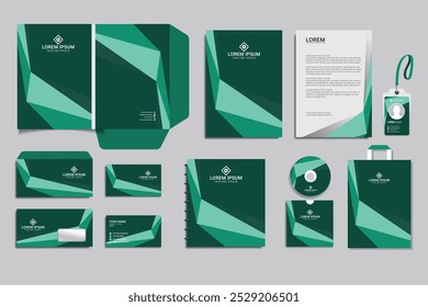 Editable vector Brand Identity concept of stationery Mock-Up set with green and white abstract graphics design. Branding stationery mockup template of File folder, annual report, AD banner