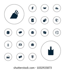 Editable vector bread icons: wheat, cookies, bread slices, sandwich, sandwich and apple, bread, chopping board and knife, chopping board, knife, burger on white background.