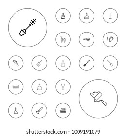 Editable vector brush icons: hair brush, spa bag, mascara, hair curler, dustpan, broom, palette, comb, cleaning tools, mop on white background.