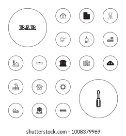 Editable vector building icons: barn, mosque, house, factory, bar, business center, screwdriver, house with heart, building, hospital building, hotel on white background.