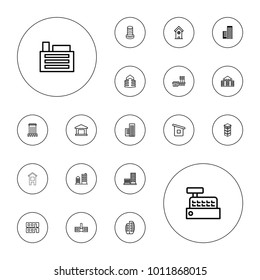 Editable vector buildings icons: building, house builidng on white background.