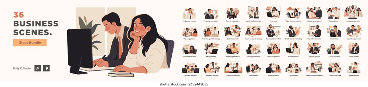 Editable vector bundle of 36 business scenes including teamwork, project planning, growth strategies, and professional collaboration for digital use.
