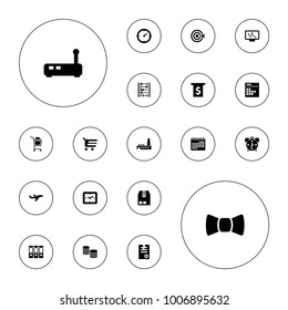 Editable vector business icons: paper, money, shopping cart, graph on display, binder, clock, money in atm, cargo container, router, calendar, factory on white background.