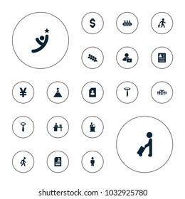 Editable vector businessman icons: man with luggage, tie, man with laptop, resume, yuan, speaker, dollar, winner on white background.