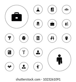 Editable vector businessman icons: tie, man with case, resume, case, businessman, businessman shaking hands, jacket, handshake on white background.