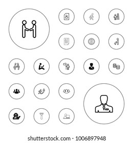 Editable vector businessman icons: businessman, user group, man sitting with laptop, man with luggage, money, resume, group, businessman shaking hands on white background.