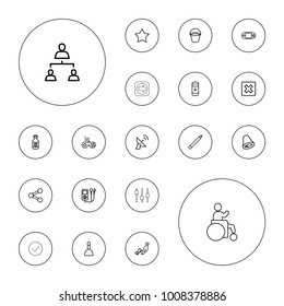 Editable vector button icons: bucket, joystick, spa bag, pen, cancel, star, mp3 player, milk, portable console, battery, share, ink pen, structure on white background.