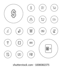 Editable vector buy icons: atm, credit card, ticket on sale, fast food cart, shopping cart, dollar sign, bar code scanner, money bag, rent tag, lot price on white background.