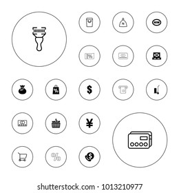 Editable vector buy icons: dollar, cart cargo, sack, new, bank support, yuan, cargo on palette, shopping bag, credit card, bar code scanner, shopping cart on white background.