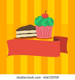 Editable Vector of Cakes and Blank Ribbon Banner with Yellow Lines Background for Cake Shop Marketing and Food Related Design