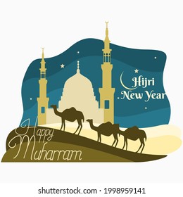 Editable Vector of Camels Caravan and Mosque Silhouette on Desert Illustration for Muharram Hijri New Year or Islamic Holy Festival Design Concept