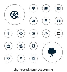 Editable vector camera icons: photos, security camera, movie tape, movie clapper, soft box on white background.