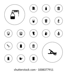Editable vector can icons: canister, milk can, trash bin, spray paint, garden tools, watering can, no oil, delete trash bin on white background.