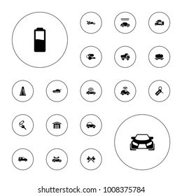 Editable vector car icons: police car, tunnel, toy car, key, car wash, van, crossed flags, battery, tank on white background.