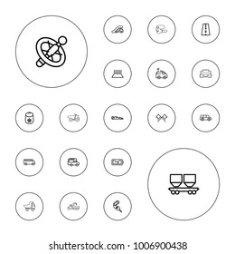Editable vector car icons: truck crane, baby toy, key, van, car, wheel, cargo wagon, road, tv van, broken battery, crossed flags, truck with hook on white background.