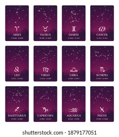 An editable vector card set of zodiac signs with star constellations