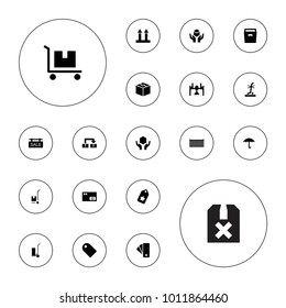 Editable vector cardboard icons: cart cargo, parcel, tag, box, cargo box, handle with care, no standing nearby, object move, sale tag on white background.