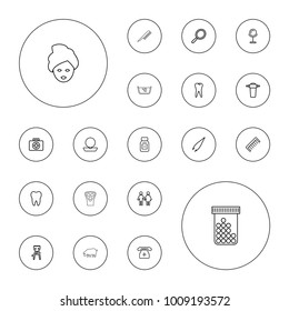 Editable vector care icons: mirror, hair removal, powder, tweezers, comb, family, first aid, tooth, medical phone, medicine, tap, pig, spa mask on white background.