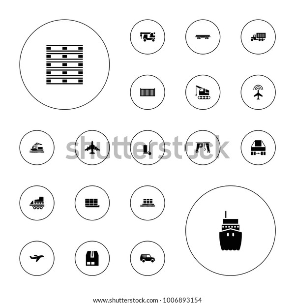Editable vector cargo icons:\
plane, truck with hook, cart cargo, truck, crane on white\
background.