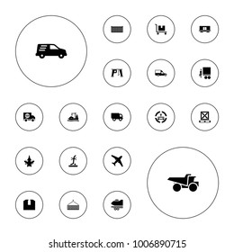 Editable vector cargo icons: truck, plane, van, cargo box, no standing nearby on white background.