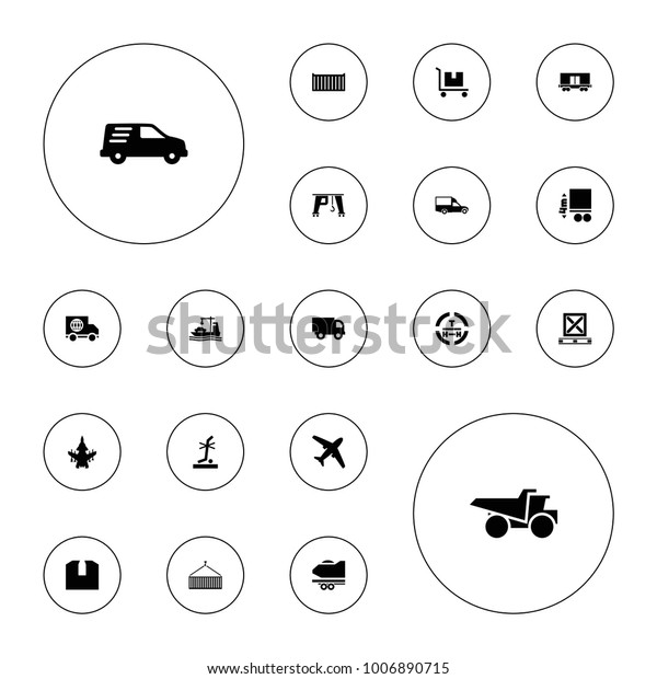 Editable vector cargo icons:\
truck, plane, van, cargo box, no standing nearby on white\
background.